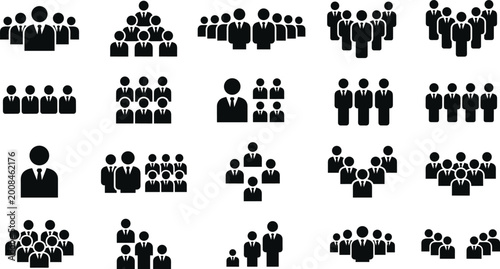 Business team and group icons set showing corporate people hierarchy organization structure vector silhouettes collection