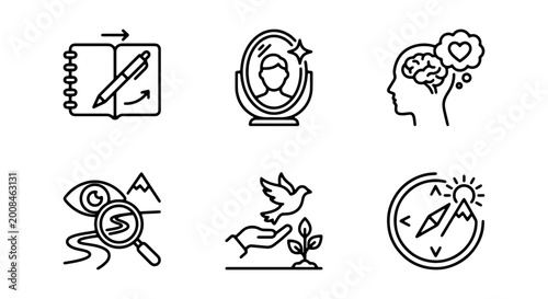 Bilde på lerret Self-Improvement Icons: Personal Growth, Mindset, Journey, Vision, Compass, 6 Ve