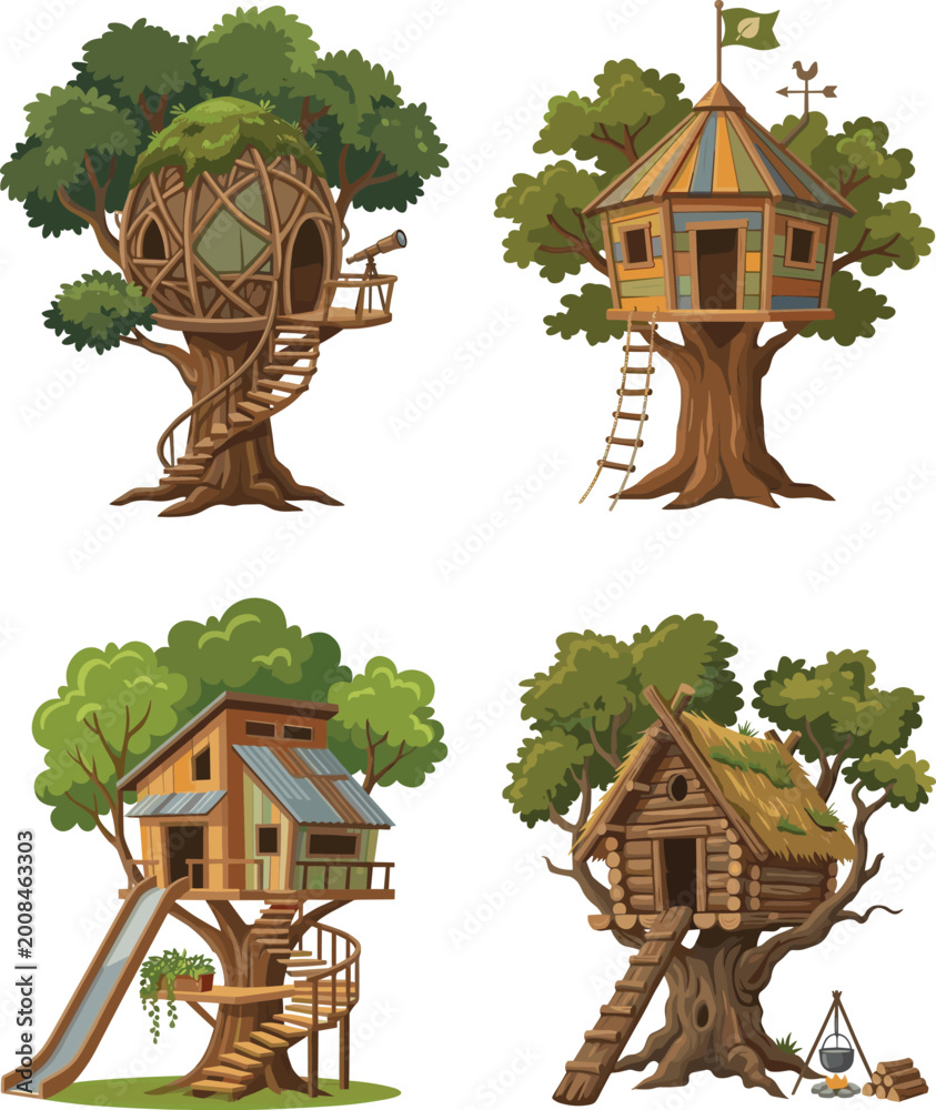 Fototapeta premium Collection of diverse treehouse designs featuring rustic log cabin modern playhouse with slide and imaginative woven sphere on white background