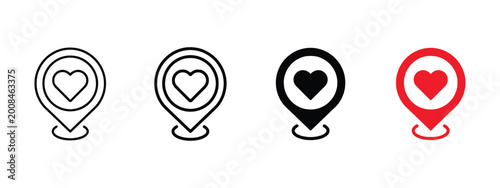 Konstfotografi Location pin with heart icon set, love destination symbol.