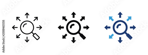 Photos Magnifying glass search icon with arrows outline filled blue.