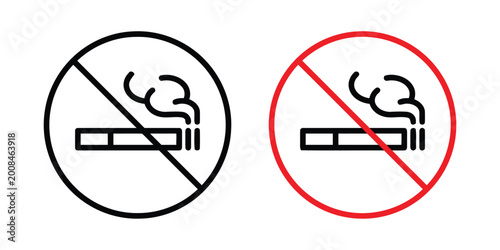 Photos No smoking sign in black outline and red circle with cigarette and smoke