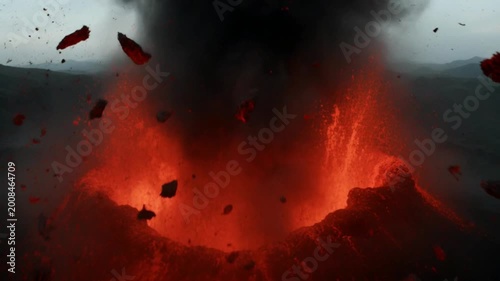 Volcanic eruption with lava and ash.