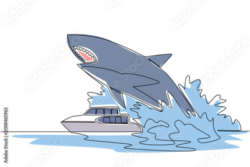 Continuous line drawing features a giant megalodon shark jumping over a boat for an awesome nature concept. Such amazing artwork perfectly fits a National Megalodon Day greeting card.