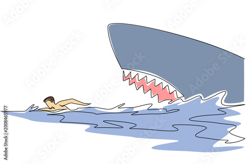 Canvas-taulu Single line drawing reveals a dangerous megalodon shark chasing a male swimmer on sea for a thrilling ocean life concept