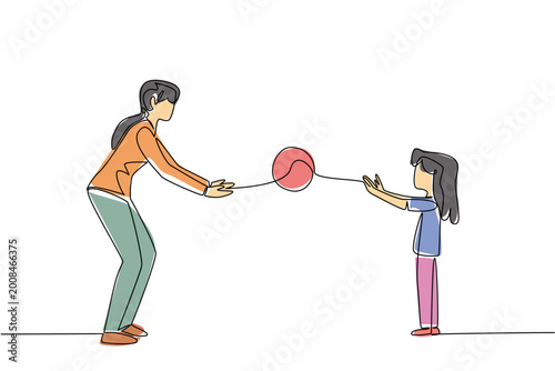Single line drawing features a lovely mother and daughter playing catch representing an outdoor concept. This graphic illustration suits a National Play Catch Week web article perfectly.