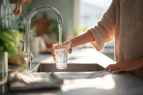young woman filling glass with fresh water from kitchen sink