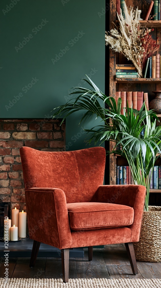 Fototapeta premium Cozy orange velvet armchair positioned beside a brick fireplace with candles, surrounded by green plants and a bookshelf filled with books in a stylish interior setting