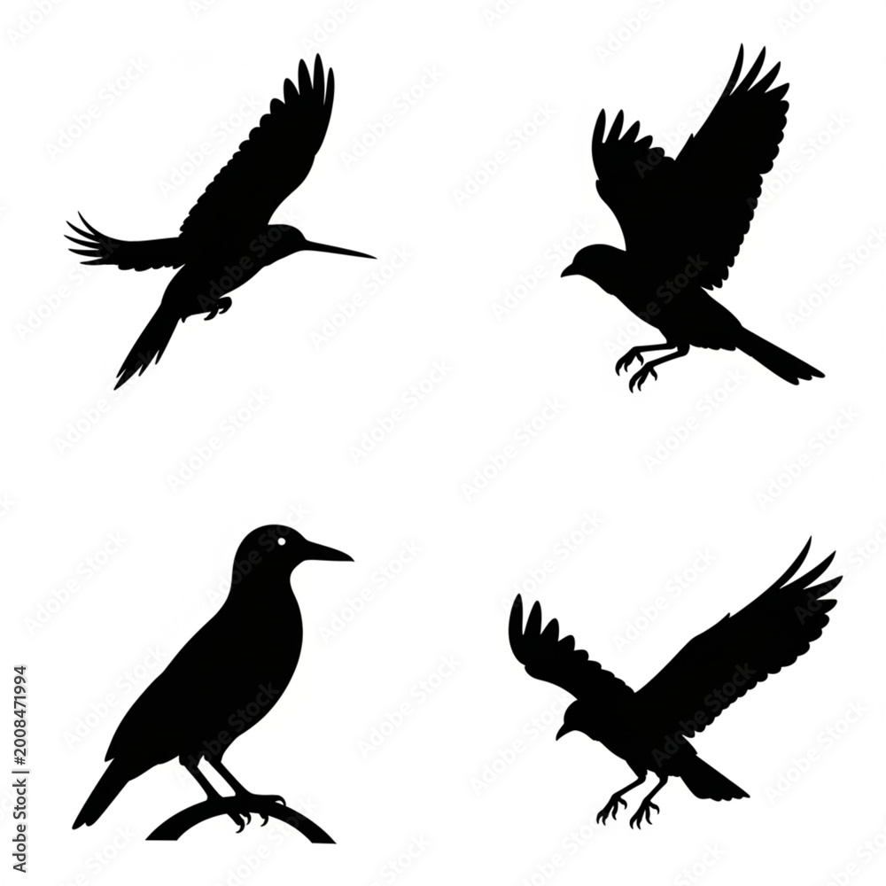 Fototapeta premium Set of four black bird silhouettes in various flight and perched poses with silhouette perching wildlife isolated background