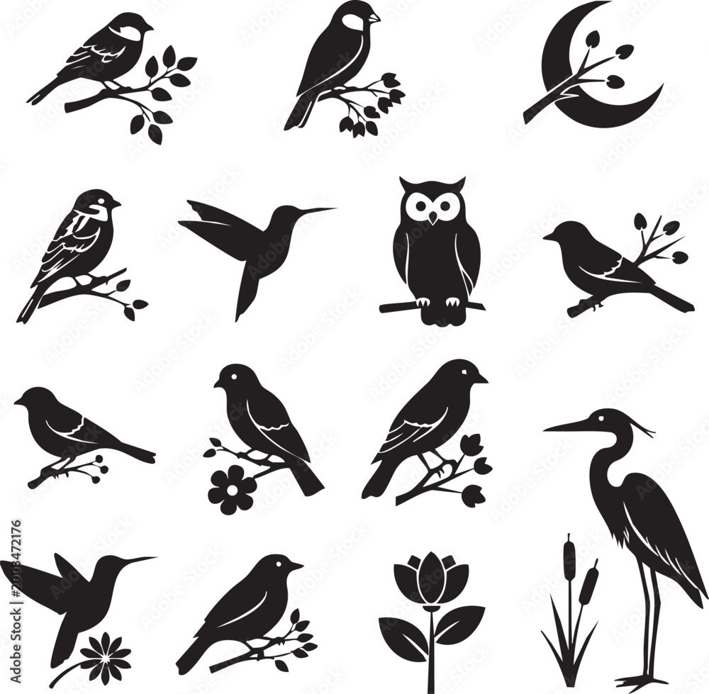 Fototapeta premium Diverse collection of bird illustrations including owl hummingbird heron with illustration hummingbird wildlife ornithology