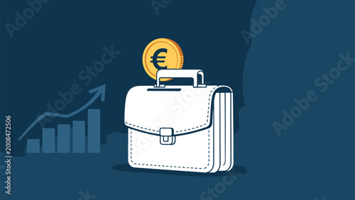 White briefcase features a large gold euro coin being deposited into a slot representing savings, investment, or business earnings.