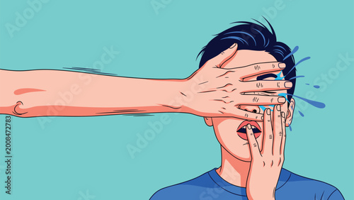 Hand reaches out to cover a man face as blue water splashes over him against a solid teal background in this energetic and surprising image.