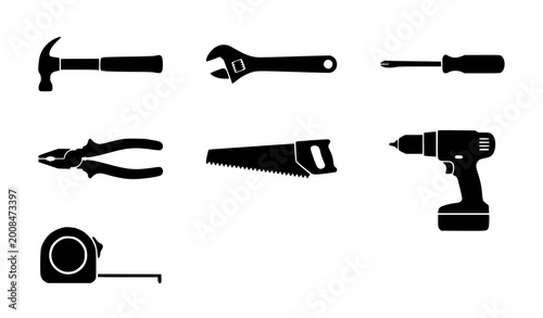 Professional Construction Hand Tool Vector Silhouette Set Featuring Hammer Wrench Screwdriver Pliers Hand Saw Power Drill and Tape Measure for Repair Branding