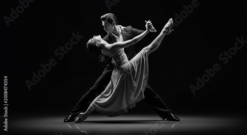 Captivating Tango Duo: Graceful Dancers in Dramatic Black & White Spotlight.