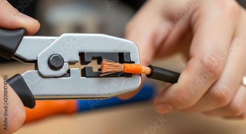 Close-up of a person connecting an orange Ethernet cable to a network port.