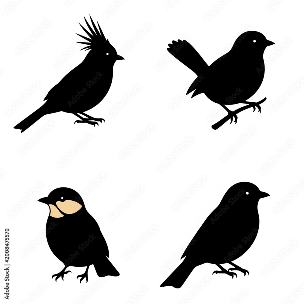 Obraz premium Set of four black bird silhouettes with one species variation silhouette wildlife isolated ornithology illustration
