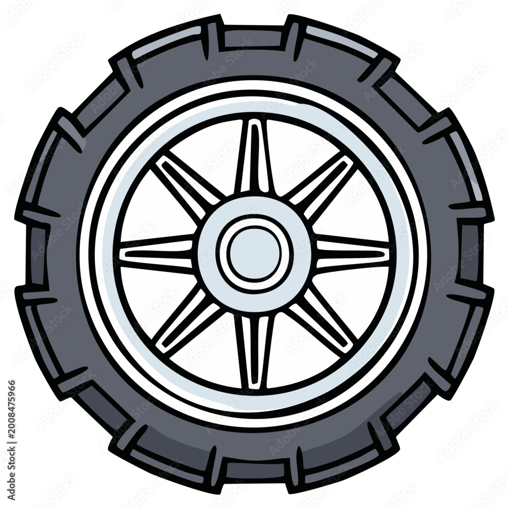 Obraz premium Cartoon Tire with Tread, Rim, and Hubcap Illustration