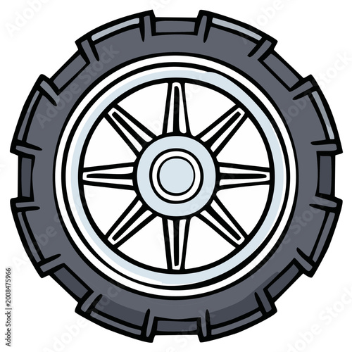 Cartoon Tire with Tread, Rim, and Hubcap Illustration