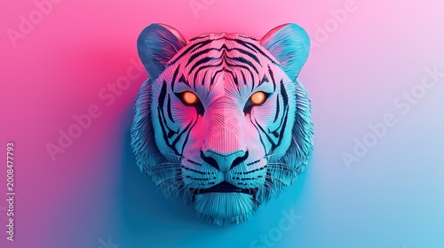 Tiger head wall mount made from folded metallic plates, resembling a futuristic sculpture, with glowing amber eyes and perfectly