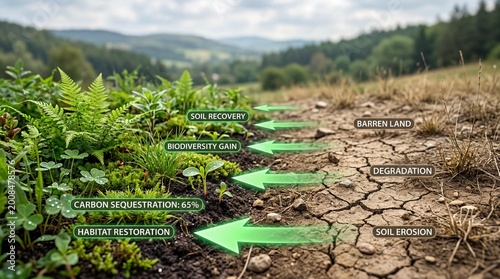 Ecological restoration concept showing soil recovery and biodiversity gain against arid land degradation with green arrows illustrating environmental sustainability