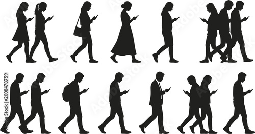 People walking while using smartphones silhouette set modern lifestyle mobile phone addiction social media concept isolated vector