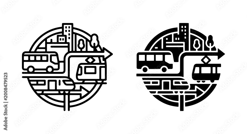 Fototapeta premium transportation-themed vector set featuring buses and trains on circular background with cityscape elements