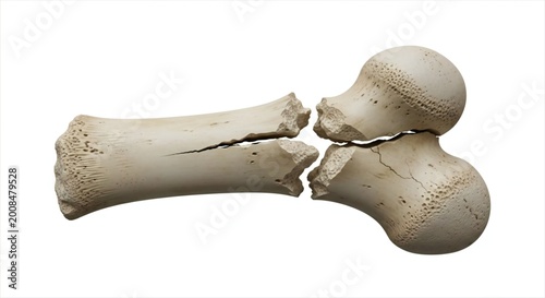 Broken femur bone with fracture isolated on white background showing cracked surface