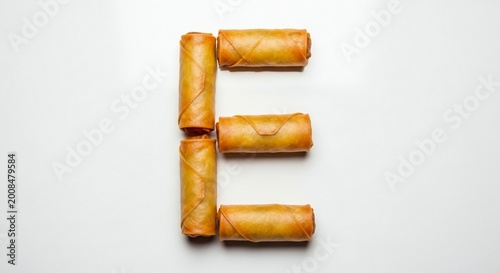 Delicious spring rolls arranged to form the letter e on a clean white surface, perfect for food and alphabet concepts