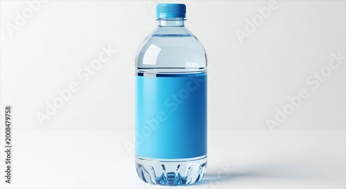 A clear plastic water bottle with a blue label and cap on a white surface and background