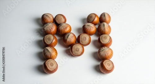 Hazelnuts arranged to form the letter w on a white surface with shadows, symbolizing nature and alphabet