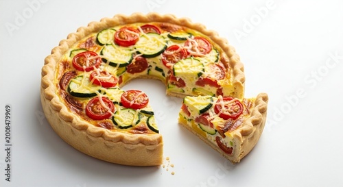 Delicious vegetable quiche with tomatoes and zucchini on white background, a slice cut out to reveal the savory filling