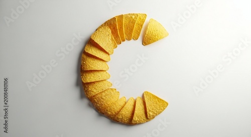 A creative arrangement of crispy tortilla chips forming a c shape on a plain white surface for snack or food related concepts