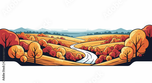A winding road through a golden autumn landscape with rolling hills