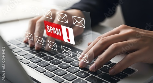 Hand typing on laptop screen with spam email warning alert