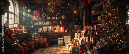 Beautiful vintage Santa's workshop room with gifts and a Christmas tree
