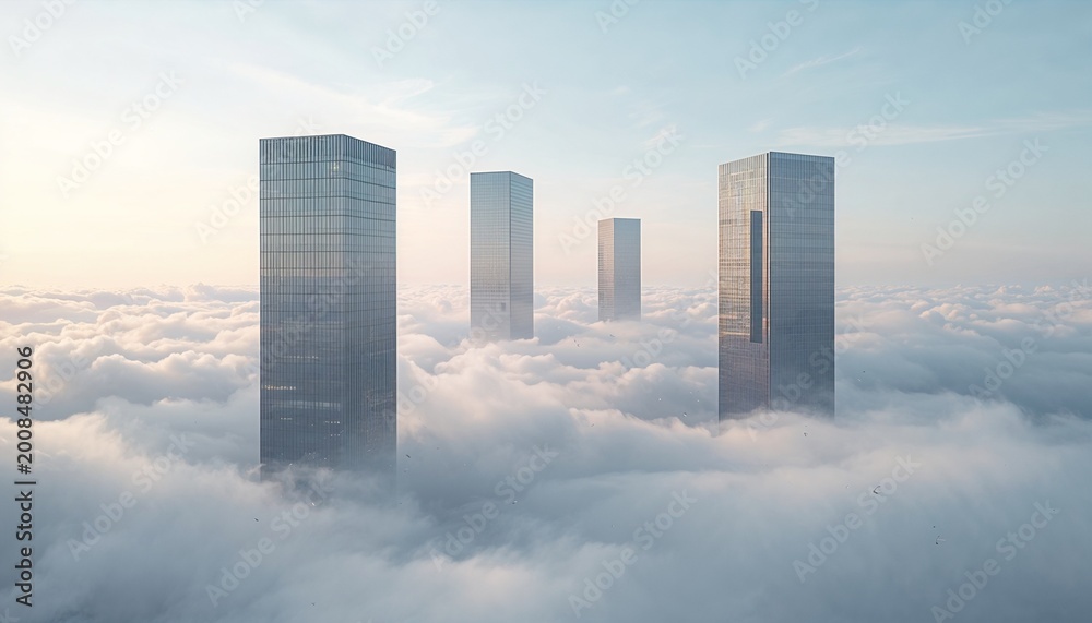 Fototapeta premium Floating Modern Skyscrapers Above Clouds in Minimalist Surreal Scene