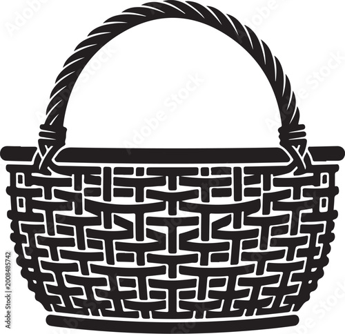 Black woven basket icon, vector illustration, rope handle, geometric pattern