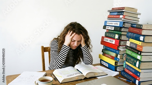 Student sits at a wooden desk while feeling overwhelmed by a large stack of textbooks and study materials.