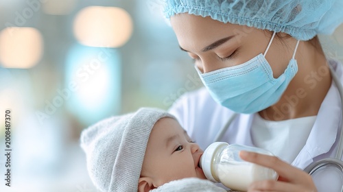 A pediatric nurse helps a parent feed their baby with a bottle. The nurse wears a mask and looks gently at the baby. The scene is in a hospital environment during the day