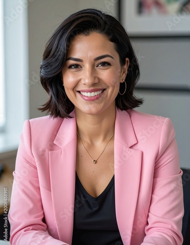 Portrait of a brunette business woman wearing a pink blazer jacket. She is sitting at the desk in the office