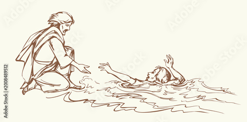 Vector drawing. Jesus helps man in a storm