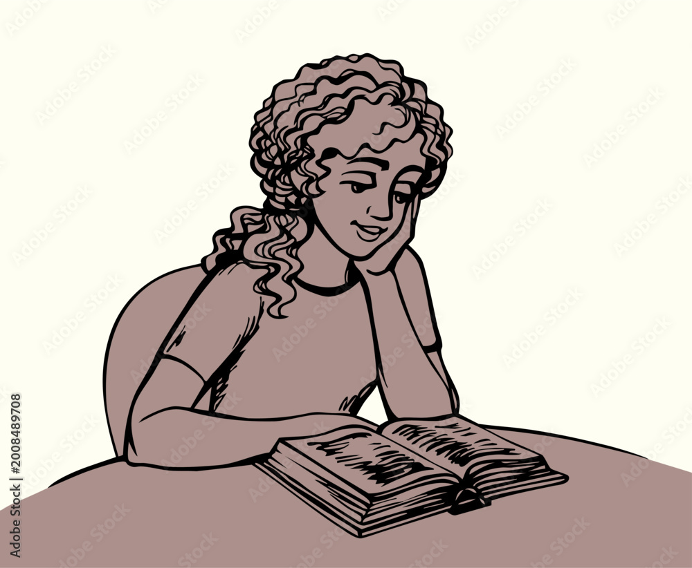 Naklejka premium Vector drawing. Girl reading a book