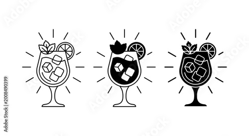 Tableau sur toile vector cocktail glass silhouettes with ice cubes and garnish on white background