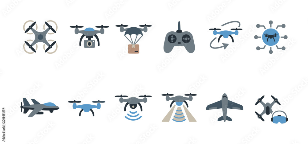 Fototapeta premium A collection of flat vector icons featuring various types of drones, remote controls, airplanes, and VR goggles, representing modern technology and aerial concepts.