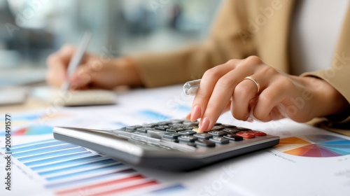 Womans hands on calculator papers