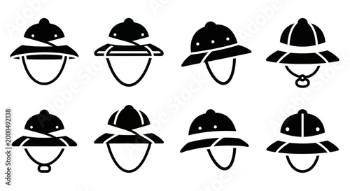 Set of eight different pith helmet icons, black silhouette, vector illustration