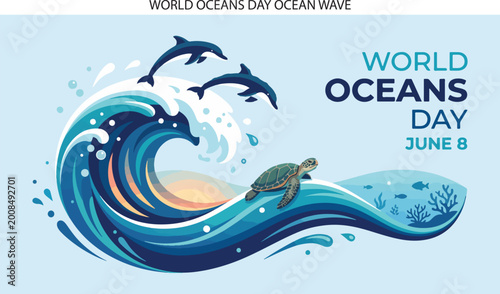 World Oceans Day Illustration with Ocean Wave Dolphins and Sea Turtle Marine Life Poster Design