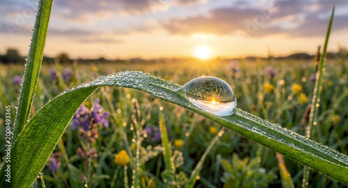 Macro shot of a leaf with a shiny dew drop against a blurred meadow background