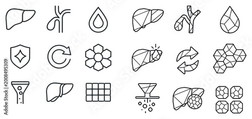 Liver health icons with organ droplet filter outline