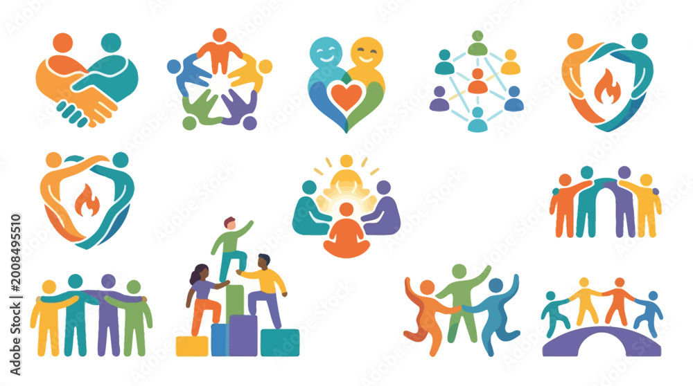 Fototapeta premium Collection of diverse icons representing teamwork, community, support, and human connection in various collaborative settings.
